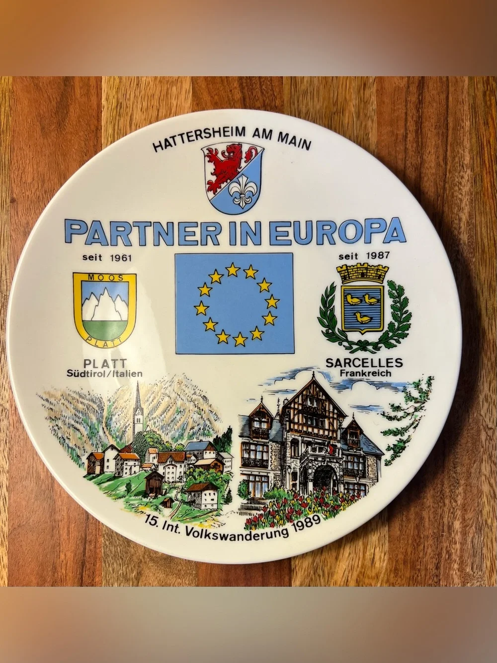 Vintage German Porcelain Plate Partner in Europa Hattersheim Volkswandern 1989
